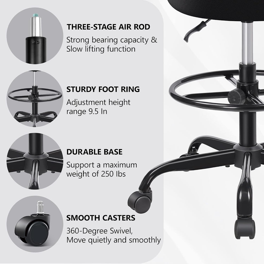 Primy Tall Drafting Desk Chair - Armless, Adjustable Height, Mesh Back, Rolling, Standing Desk Chair for Art Room, Office or Home (Black)