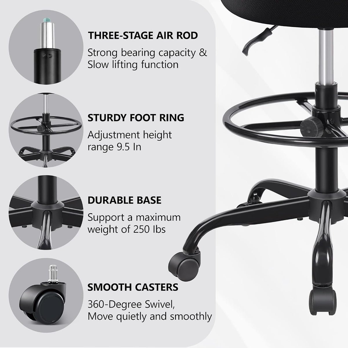 Primy Tall Drafting Desk Chair - Armless, Adjustable Height, Mesh Back, Rolling, Standing Desk Chair for Art Room, Office or Home (Black)