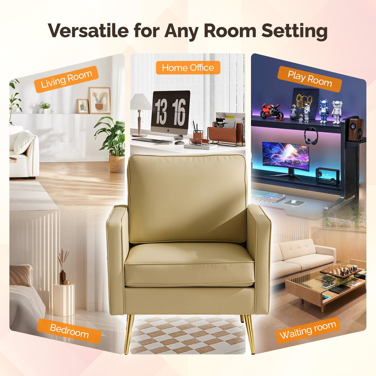 VINGLI Faux Leather Accent Chairs Set of 2 with Gold Legs for Living Room