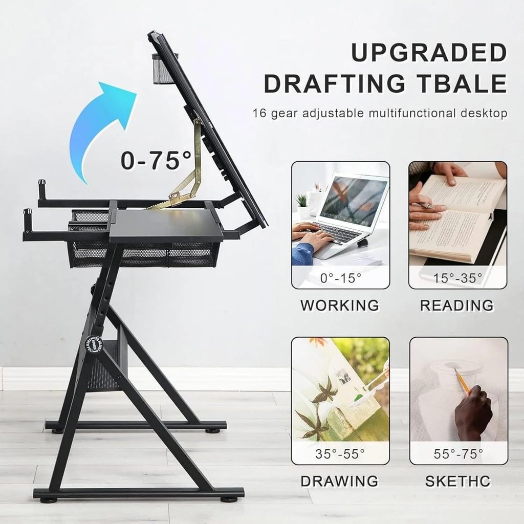 Drafting Table, Adjustable Height Drawing Table Art Table Painting Table Art Craft Desk with 0-75Â° Tilting Glass Tabletop and Storage Drawers, Black