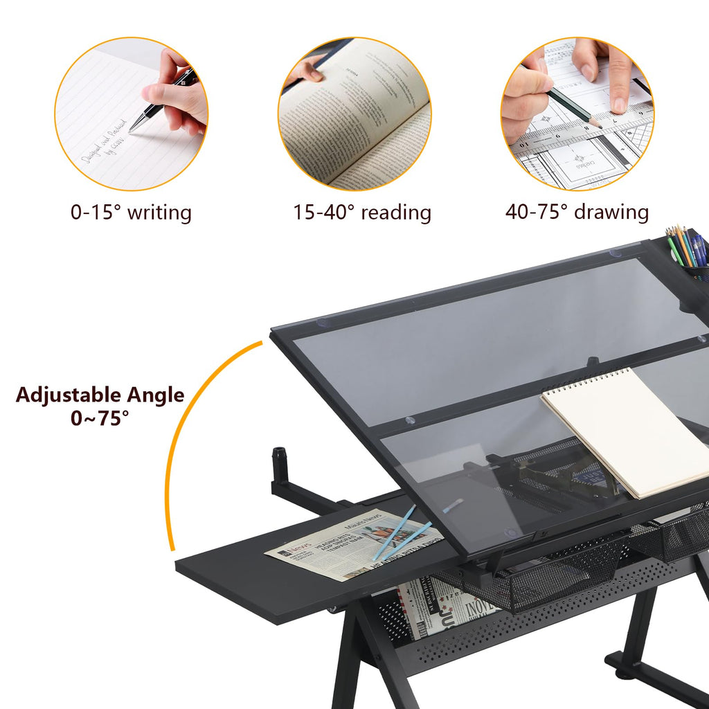White Drafting Table with Stool, Height Adjustable Art Craft Desk with Tilting Tempered Glass Tabletop, Expansion Board, Multi-Storage, Drawing Table for Studio, Artists, Home Office, Painters, White