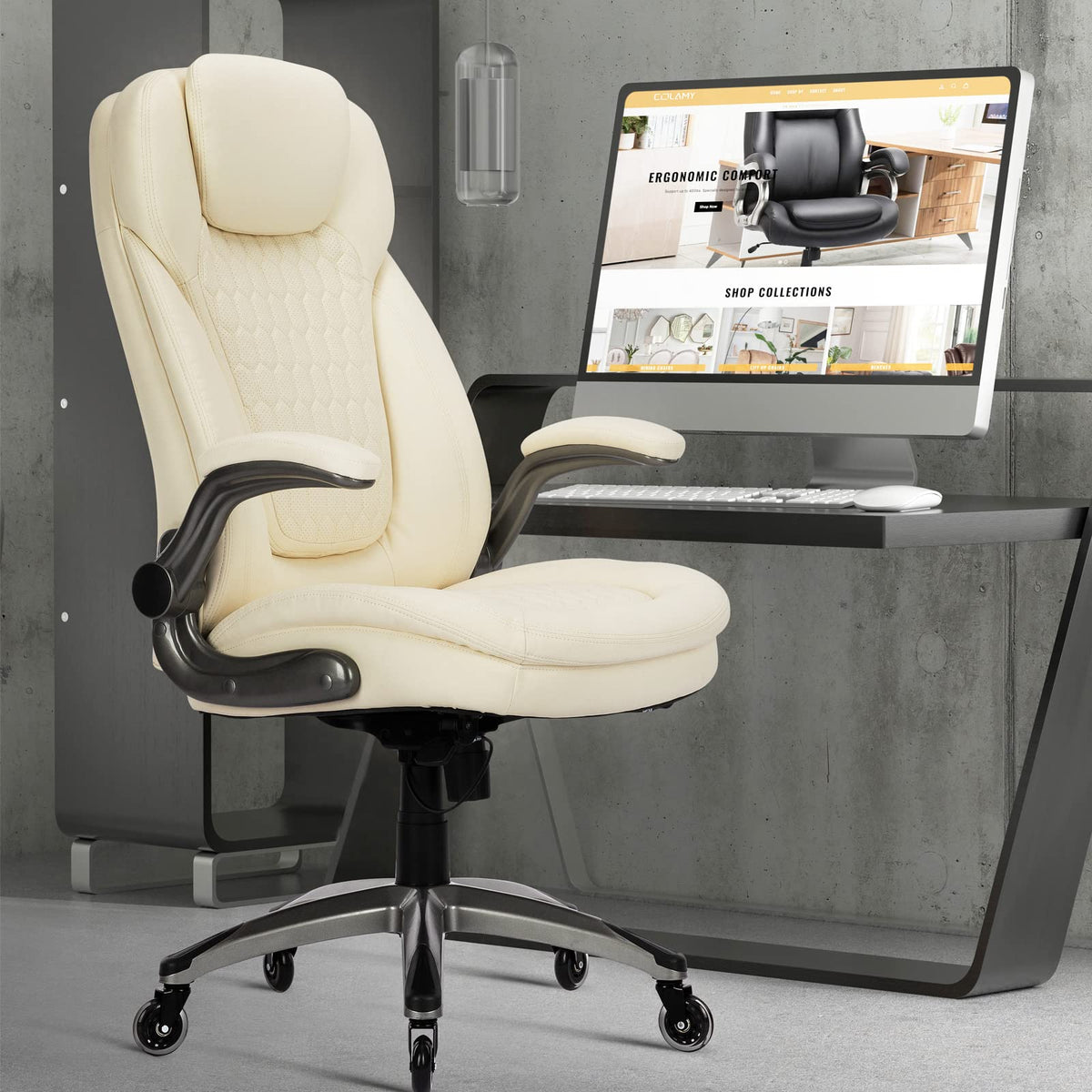 COLAMY High Back Executive Office Chairs, Ergonomic PU Leather Desk Chairs with Flip-Up Armrests, Adjustable Height, Lumbar Support, Comfortable Computer Chairs for Home Office, Set of 2