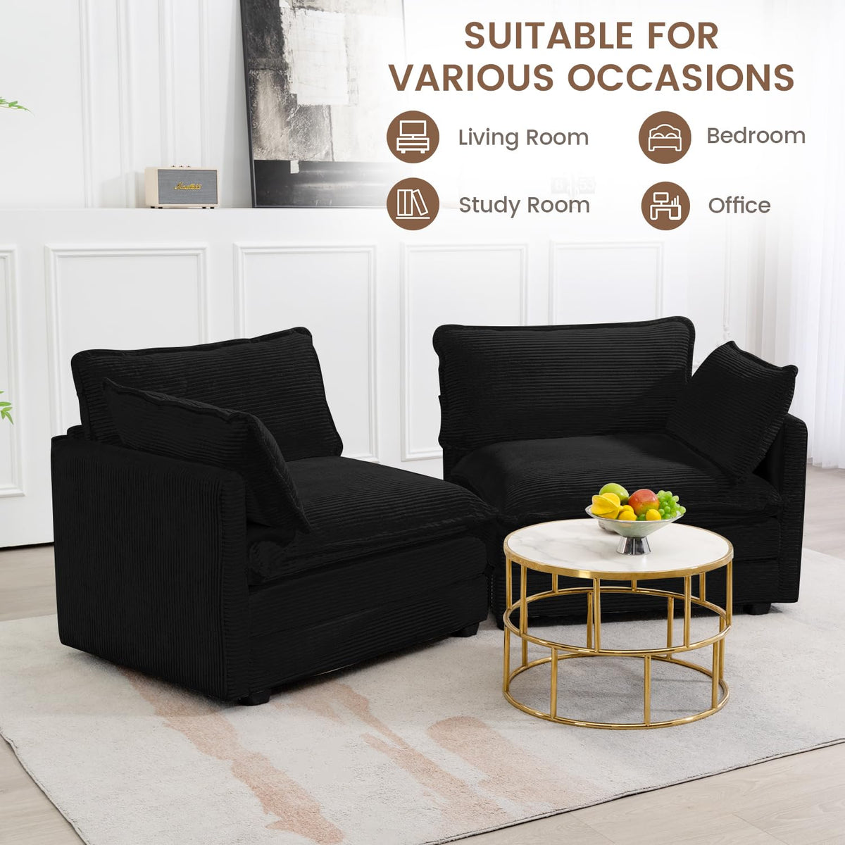 ROWHY 41'' Single Armchair with Ottoman, Modern Corduroy Cloud Couch with Convertible Chaise, Upholstered Sofa Set for Living Room, Green