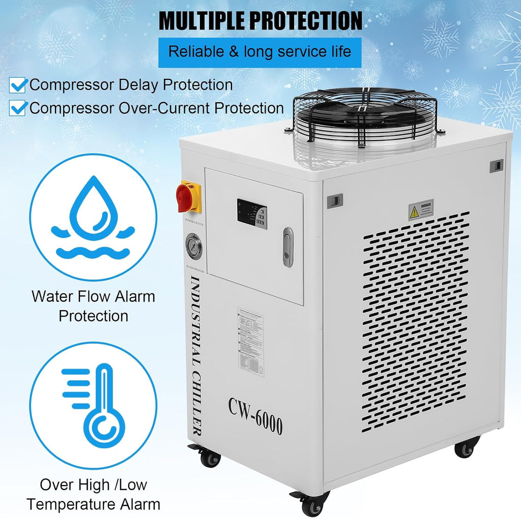 15L Industrial Water Chiller CW-6000 with Advanced Dual-Port Cooling System, High-Flow 0.73HP Pump, Precision Dual-Mode Temperature Control, for 60W-150W CO2 Laser Engraving & Cutting Machines