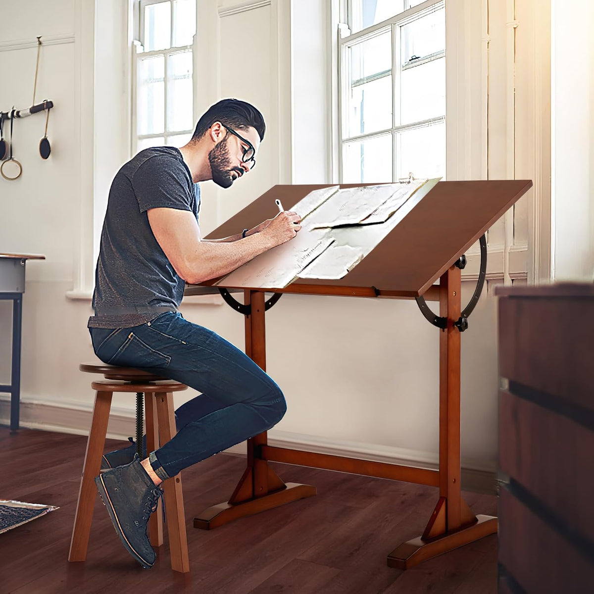 VISWIN Wood Drafting Table for Adults, 24'' x 35" Drawing Table with Adjustable Angle for Art Studio, 34" Height Solid Pine Wood Artist Desk for Drawing, Drafting, Writing, Reading, Sketching