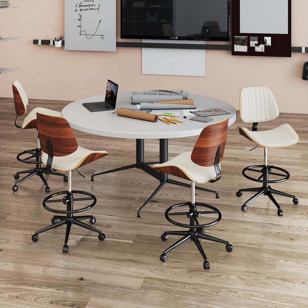 Drafting Chair, Ergonomic Office Chair with Walnut Wood Back Support, Armless PU Leather Desk Chair with Height-Adjustable, Thick Cushion for Home Office, Drafting, Art Studio (Black)