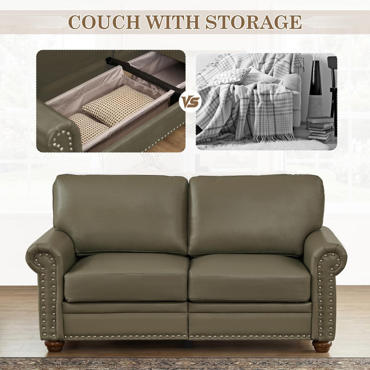 2 Piece Couch Sets for Living Room,Mid Century Modern Couch with Storage Nailhead Trim & Rolled Armrests,Deep Seat Comfy Couch,Furniture Set for Living Room,Bedroom,Office(Navy Blue,Loveseat+3 Seater)