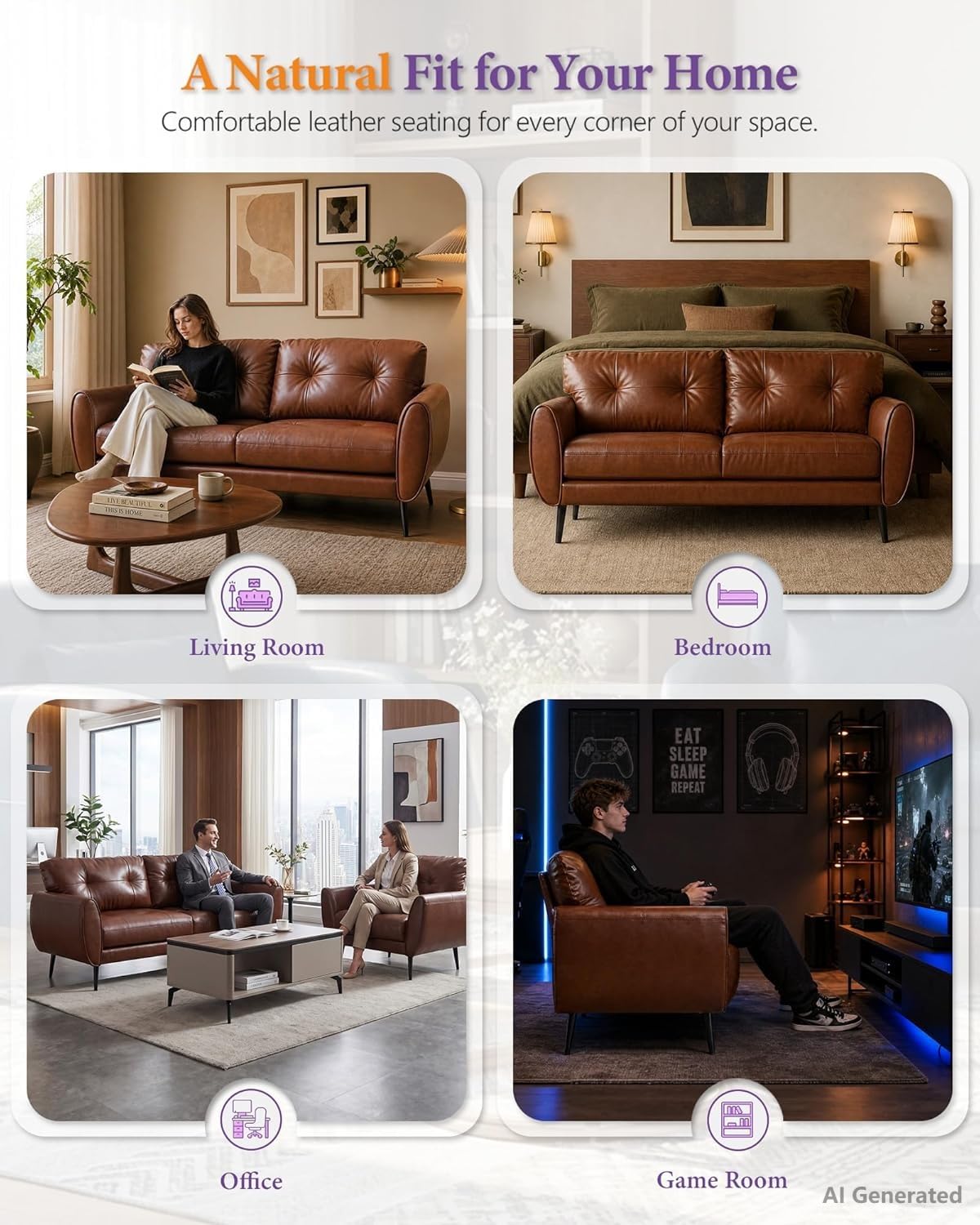 61'' Small Leather Loveseat and Chair, 3 Piece Living Room Sets, Black
