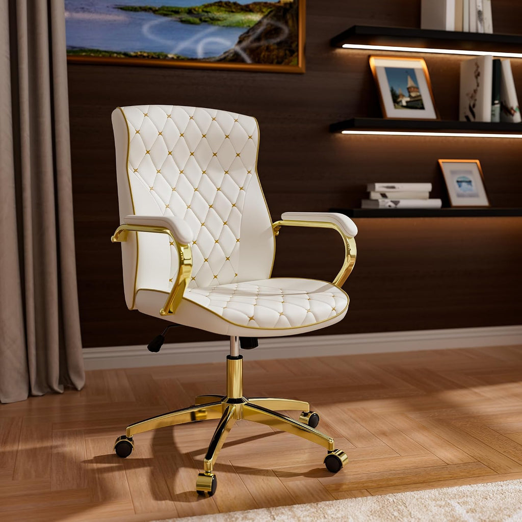 HomeZeer White and Gold Office Chair, Luxury Leather Executive Desk Chair