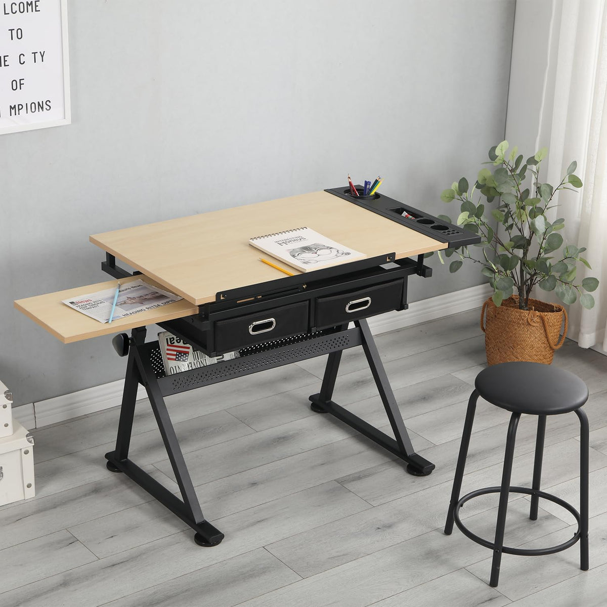 Height Adjustable Drafting Art Table for Adults, White Tempered Glass Drafting Drawing Printing Table Desk with Stool, 0-75Â° Tilting Tabletop Art Drawing Table for Drawing,Hand Crank