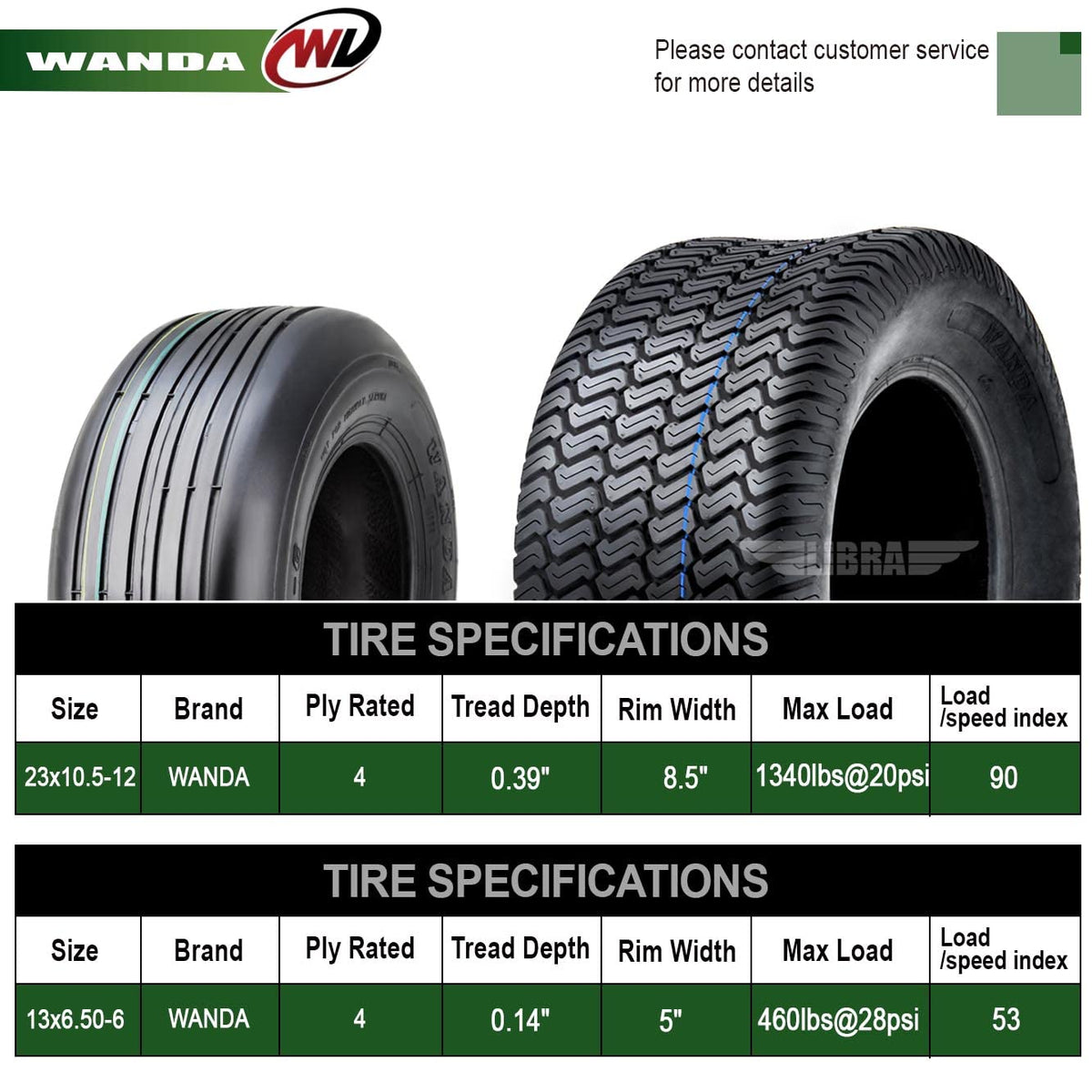 WANDA 4PC Lawn Mower Turf Tires 15x6-6 Front & 20x10-8 Rear 4PR-13016/13040