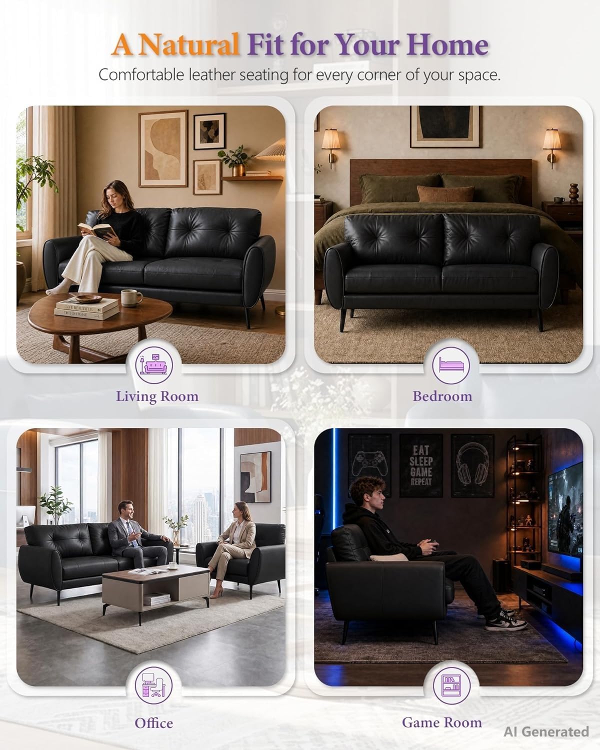 61'' Small Leather Loveseat and Chair, 3 Piece Living Room Sets, Black