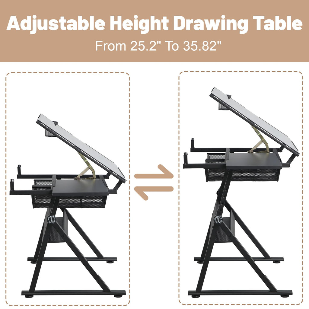 White Drafting Table with Stool Height Adjustable Art Craft Desk with Storage, Tilting Tempered Glass Tabletop, Expansion Board, Drawing Table for Home Office, Artists, Painters