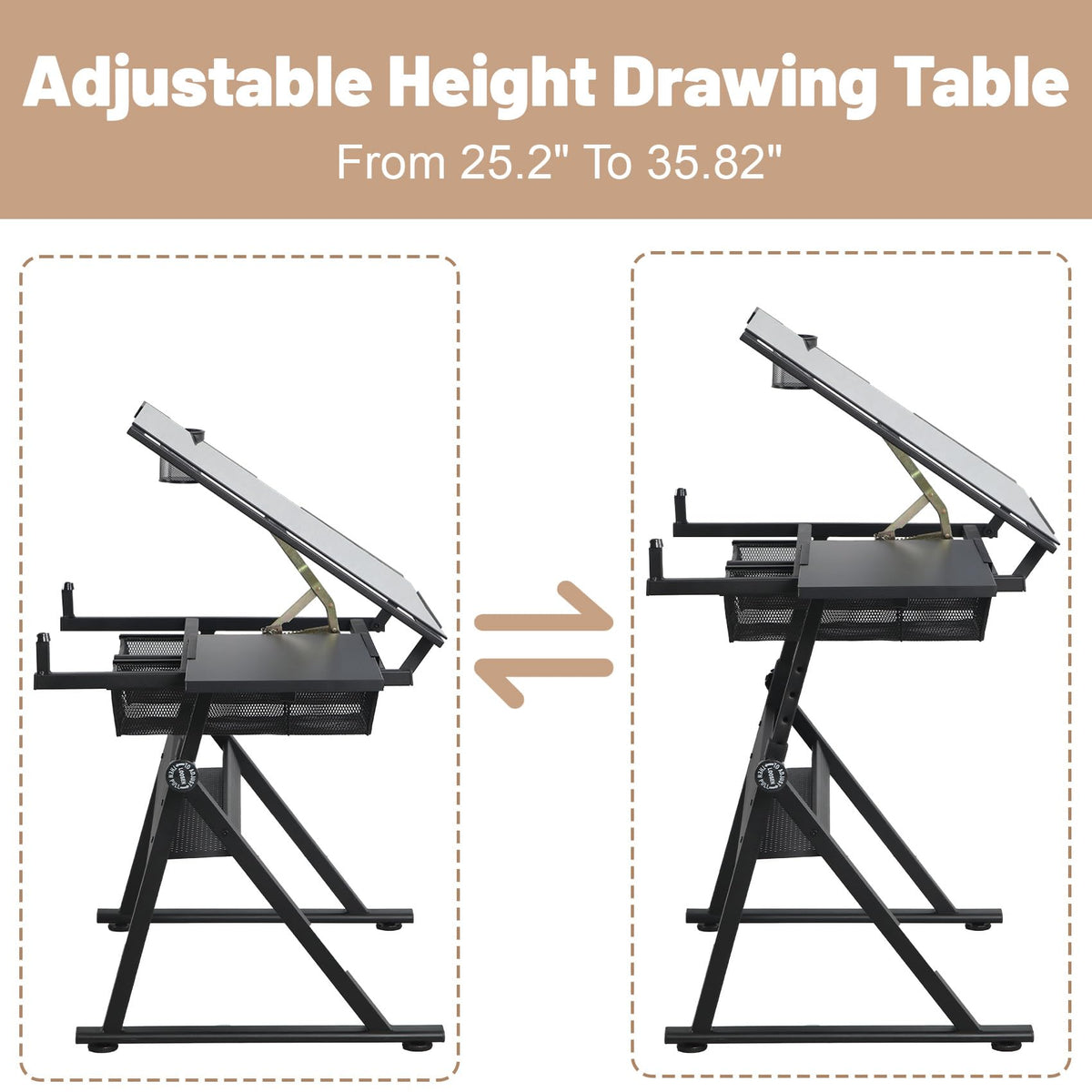 White Drafting Table with Stool Height Adjustable Art Craft Desk with Storage, Tilting Tempered Glass Tabletop, Expansion Board, Drawing Table for Home Office, Artists, Painters