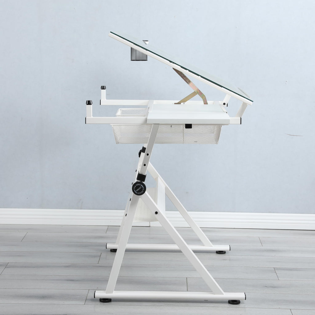 Adjustable Drafting Table with Stool, 0-75Â° Tilting Art Desk, White