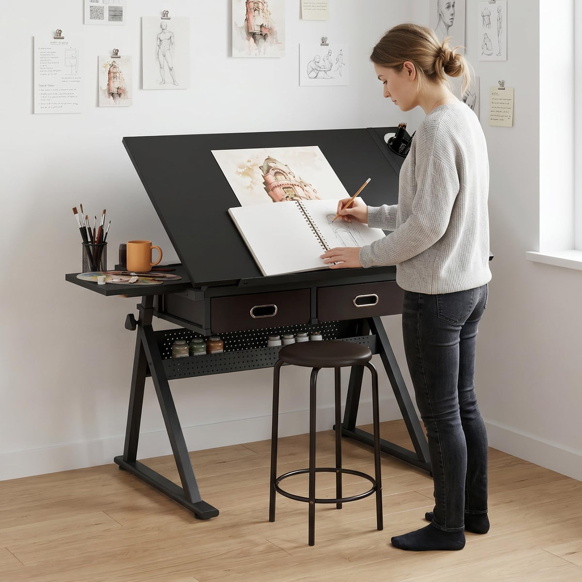 Height Adjustable Drafting Table Drawing Table Artist Desk Tilting Tabletop Art Craft Desk with 2 Storage Drawers and Stool, Art Craft Desk for Artist Painters Drawing Painting (All White)