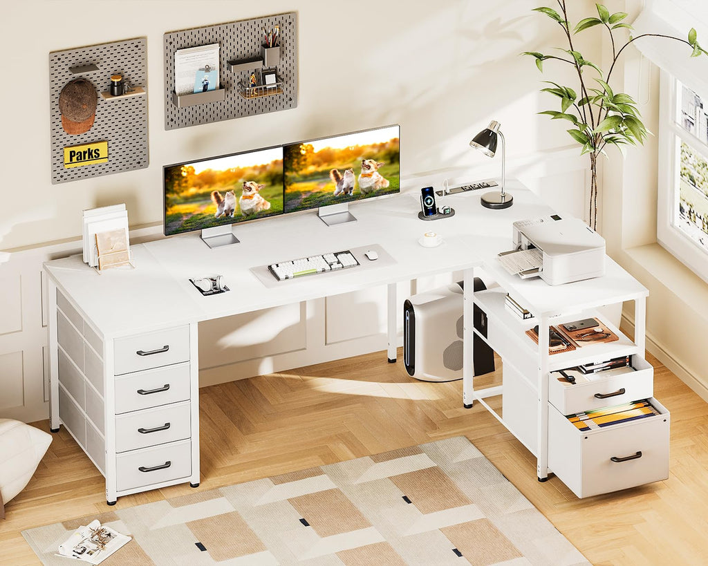 Coleshome 55 Inch L Shaped Office Desk with 6 Drawers, Power Outlet, White
