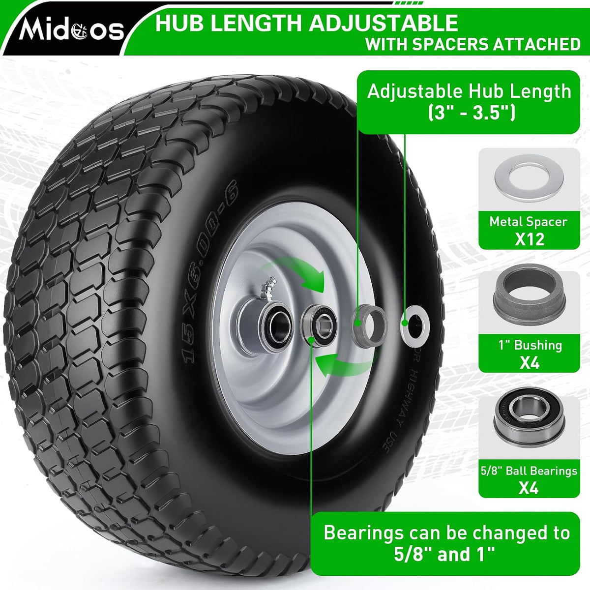 2pcs 15x6.00-6 Flat Free Tire And Wheel, 15x6-6 NHS Lawn Mower Tire