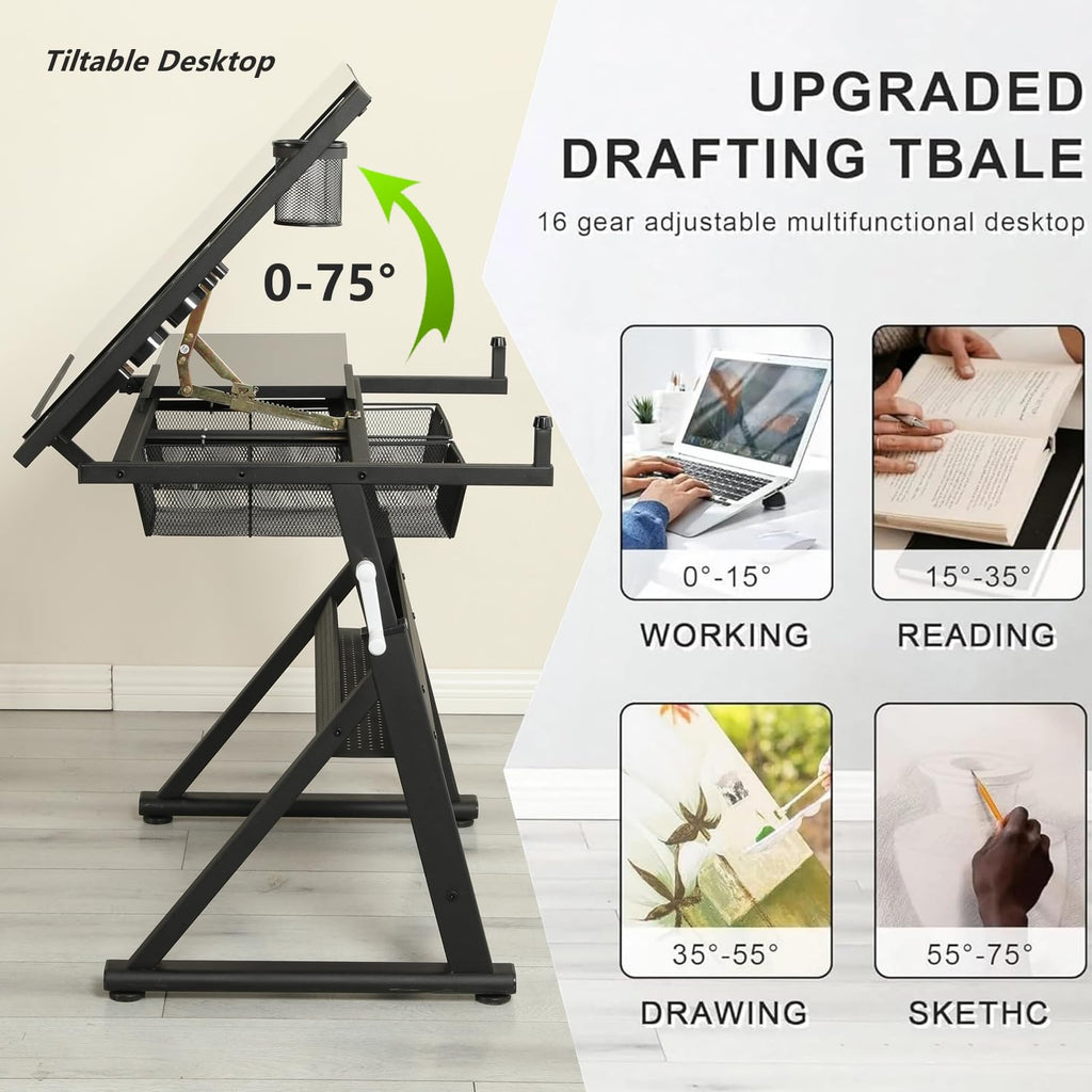 Drafting Table, Adjustable Height Drawing Table Art Table Painting Table Art Craft Desk with 0-75Â° Tilting Glass Tabletop and Storage Drawers, Black
