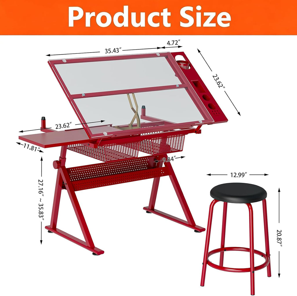 Drafting Table with 2 Metal Storage Drawers & Stool for Adult Teen, Red