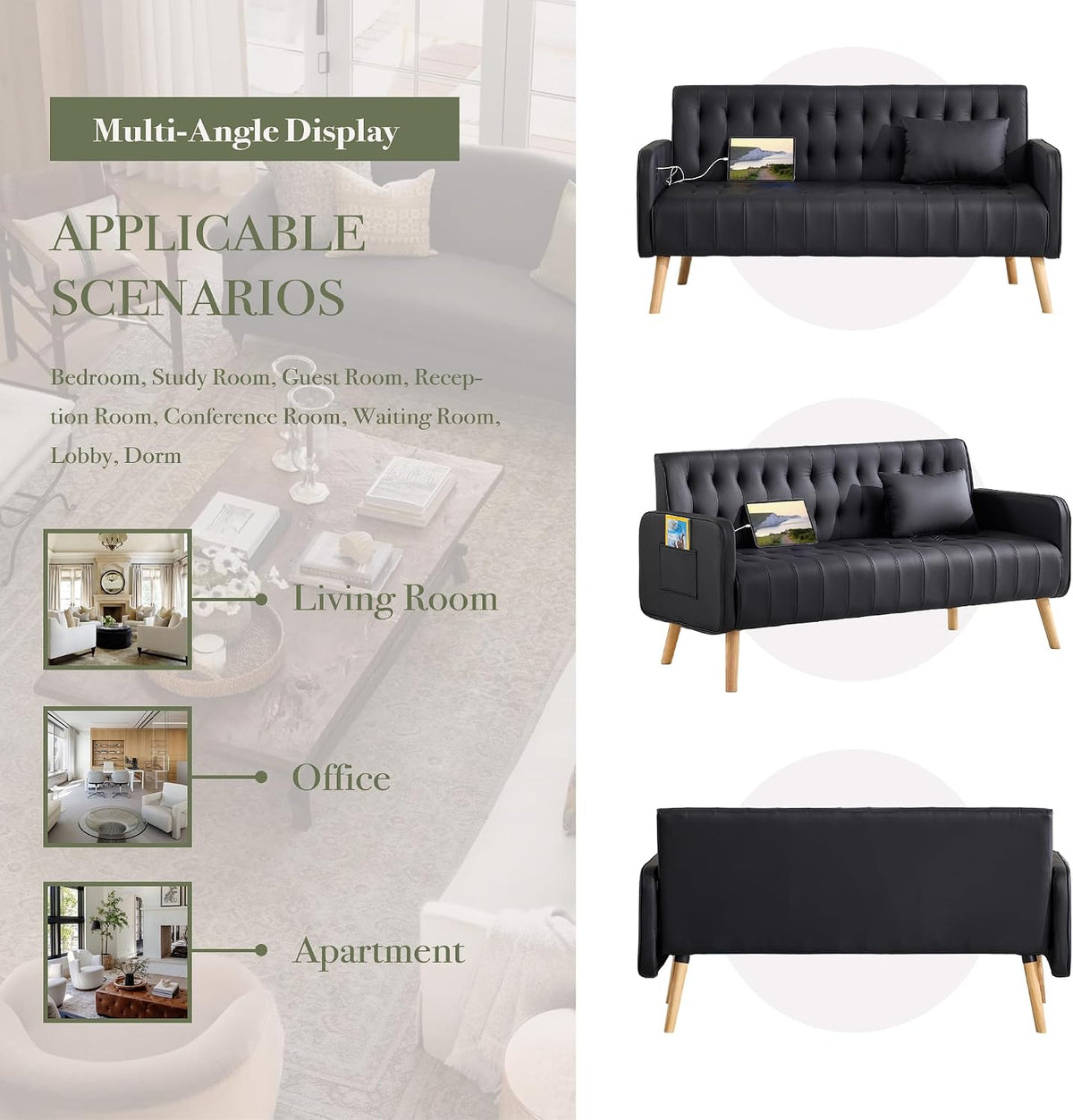 57â Small Faux Leather Loveseat Couch and Accent Chair Set of 2 (3, Black)