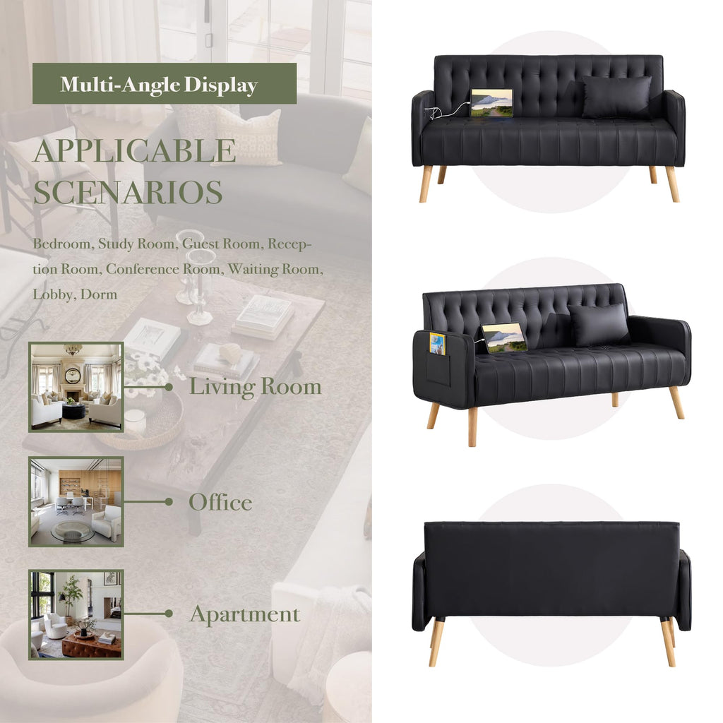 57â Small Faux Leather Loveseat Couch and Accent Chair Set of 2 (3, Black)