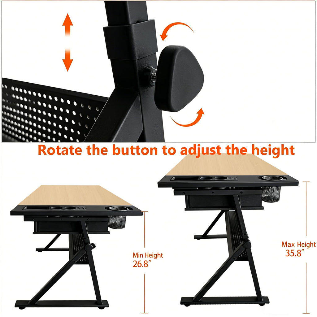 Height Adjustable Tilt Drafting Table with 2 Storage Drawers & Stool Brown