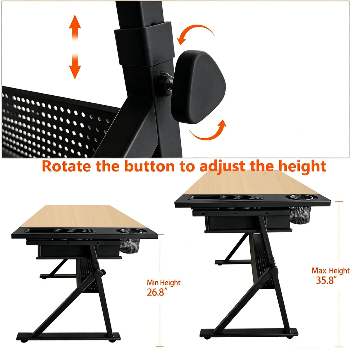 Height Adjustable Tilt Drafting Table with 2 Storage Drawers & Stool Brown