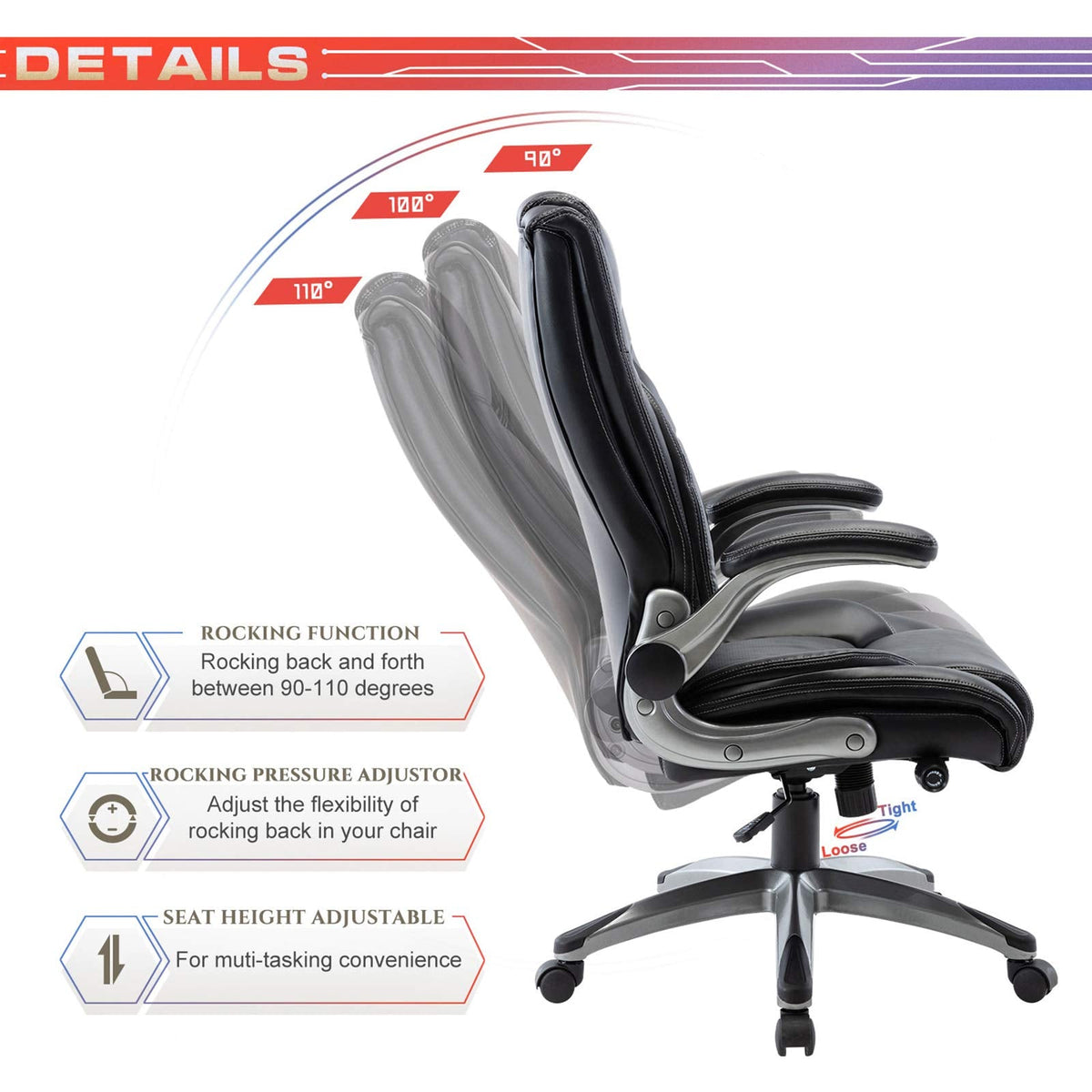 COLAMY High Back Executive Office Chairs, Ergonomic PU Leather Desk Chairs with Flip-Up Armrests, Adjustable Height, Lumbar Support, Comfortable Computer Chairs for Home Office, Set of 2