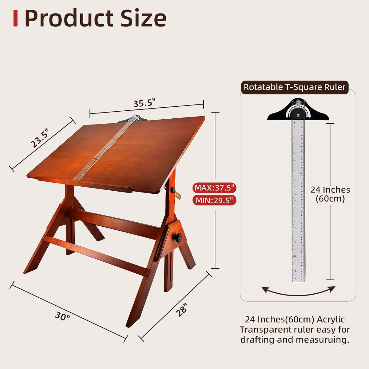 Walnut Solid Wood Adjustable Drafting Table, Art Drawing Desk