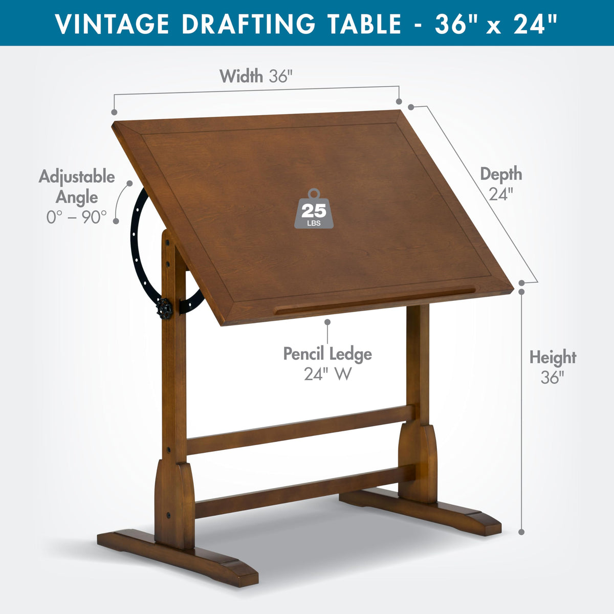 Studio Designs Vintage Drafting Table - Antique Design Solid Wood Drafting Table with Built-In Pencil Groove and Pencil Ledge - Angle Adjustable Work Surface