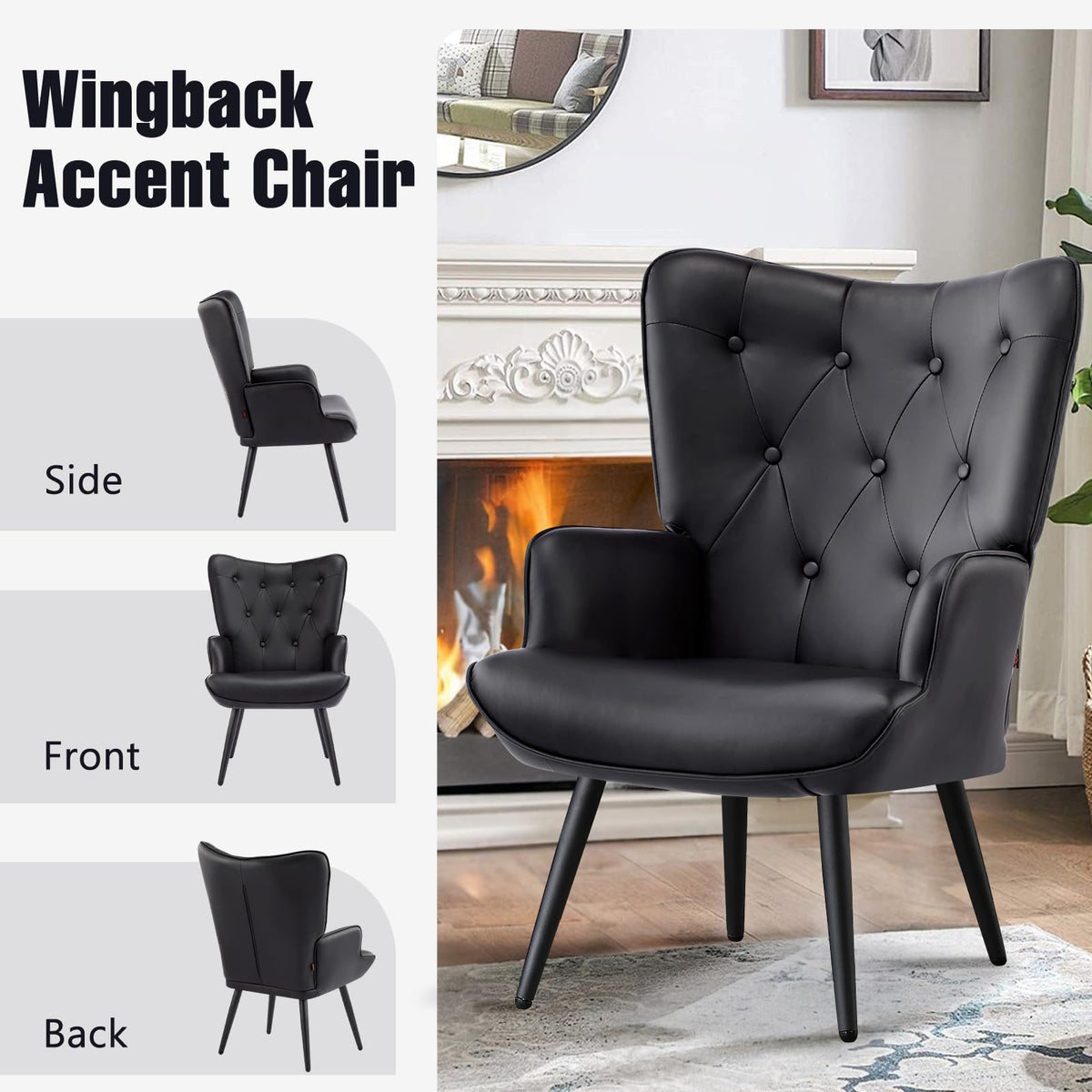 Furniliving PU Leather Accent Chair for Living Room, Upholstered Reading Chair with High Backrest, Tufted-Button Wingback Armchair for Bedroom, Dressing Room, Home Office, Brown, Set of 2