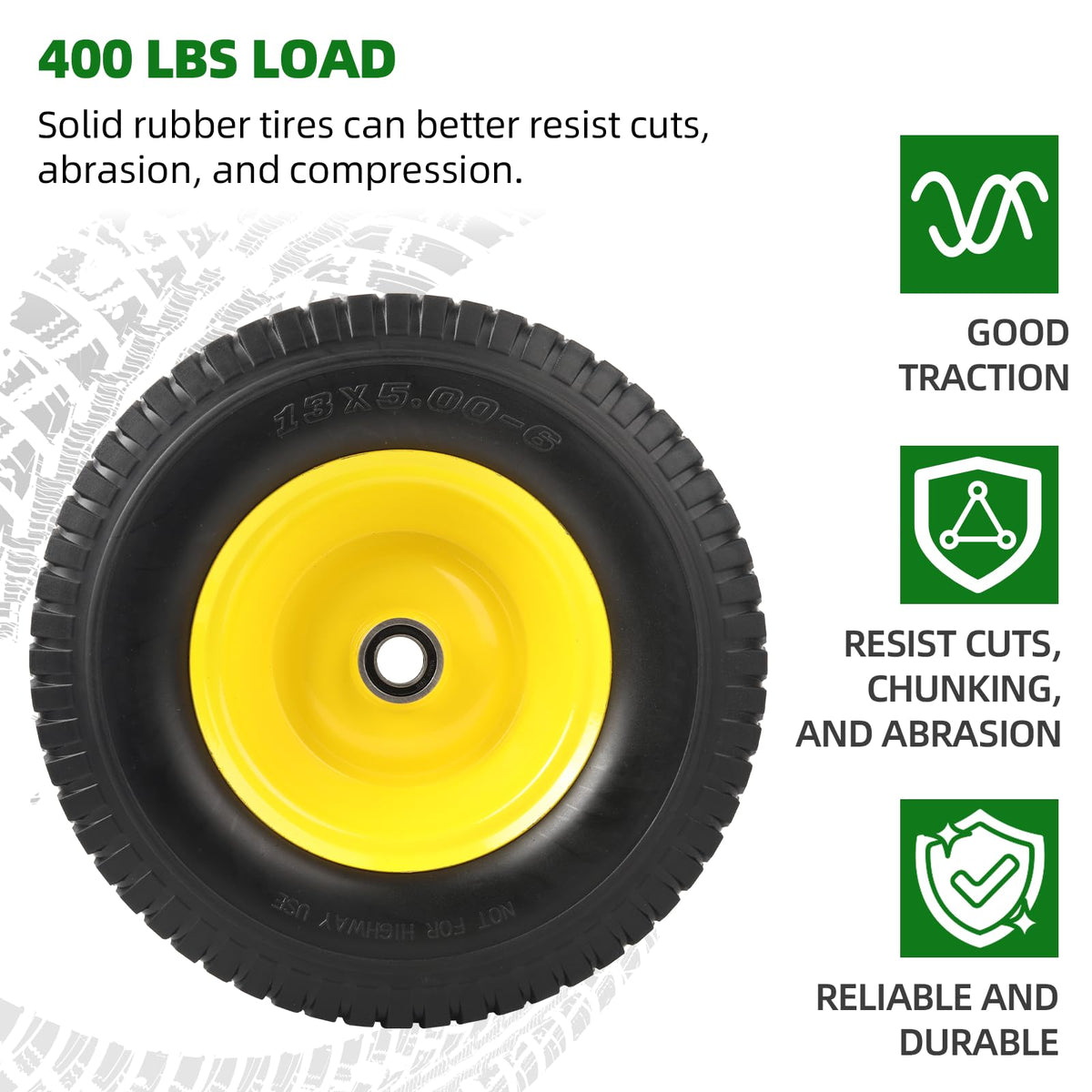 AR-PRO (2-Pack) 16x6.50-8 Flat-Free Tire and Wheel Assemblies, Relacement 16x6.5-8 Solid Turf Tire with Rim for Garden Tractor Riding Lawn Mowers, 3" Offset Hub and 3/4" Bushings