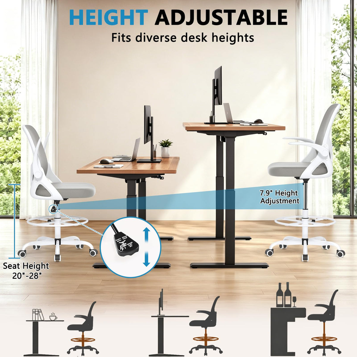 Kensaker Drafting Chair Tall Office Chair, Ergonomic Standing Desk Chair with Adjustable Foot Ring and Flip-up Armrests, Mesh Computer Chair for Art Studio, 300 LBS, Black