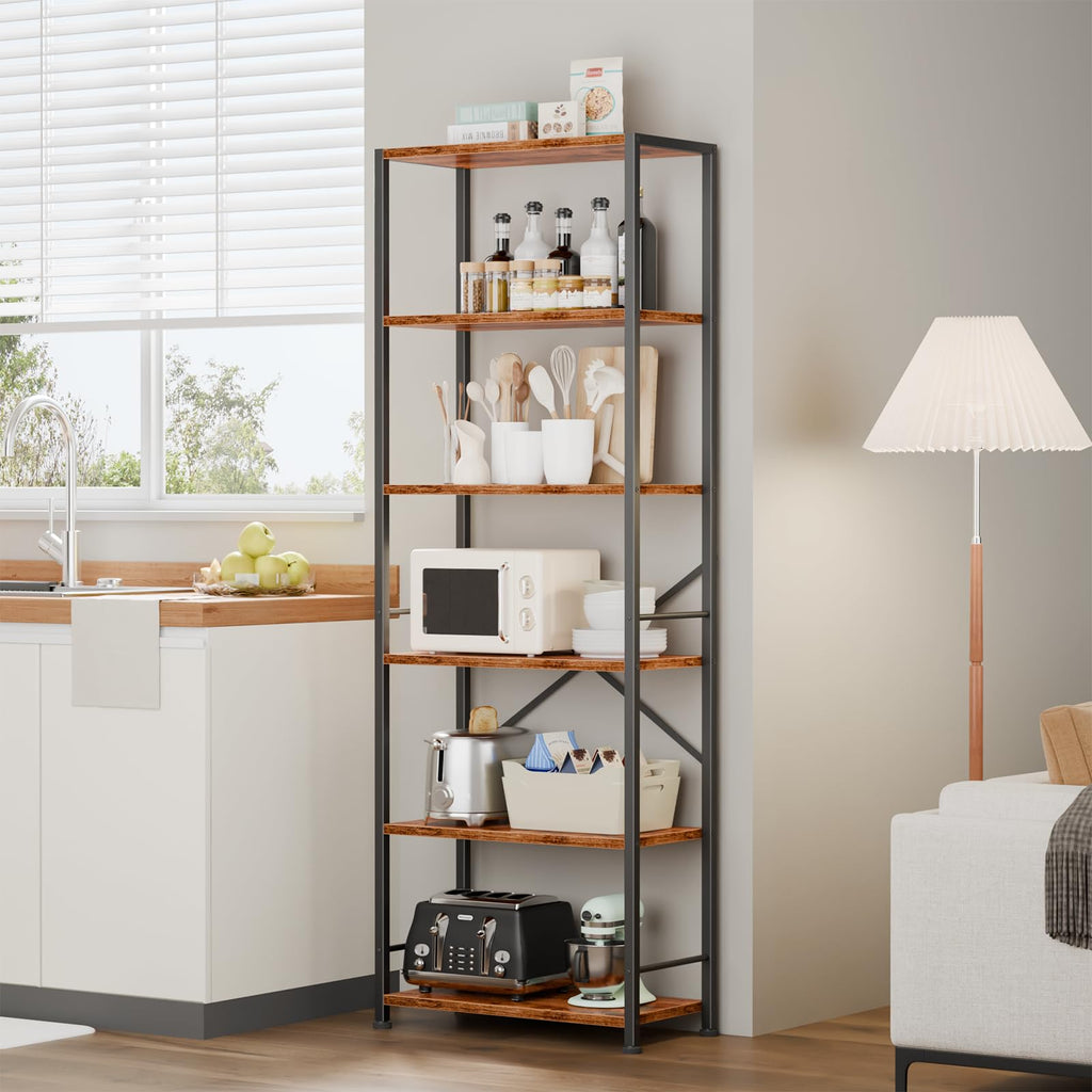 Furologee 5 Tier Book Shelf Set of 2, Tall Wide Bookshelf, Rustic Brown