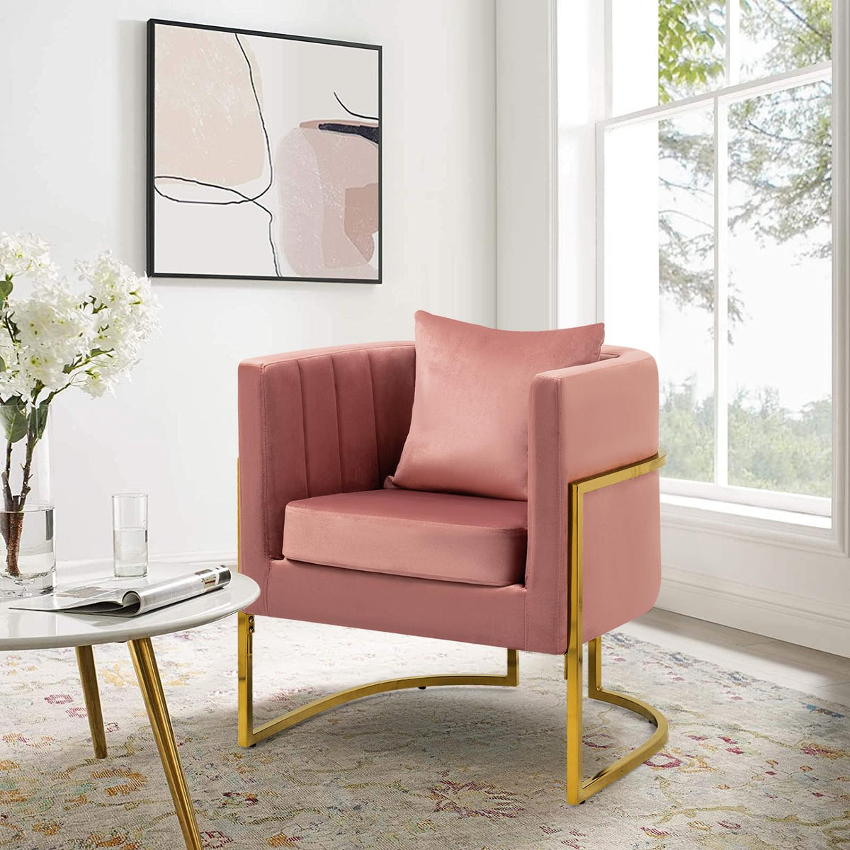 Velvet Accent Barrel Chairs Set of 2, Modern Arm Club Chair Set with Pillow for Living Room/Bedroom/Guest Reception, Channel Tufted, Gold Finish Base, Orange