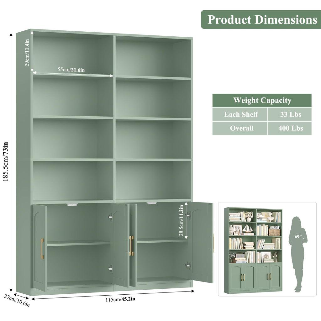 FACBOTALL Bookshelf and Bookcase with Doors, Double Wide Large Bookshelves