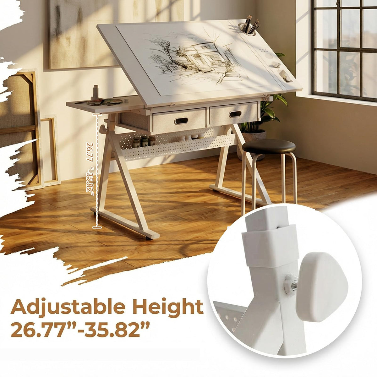 Drafting Table with Stool Height Adjustable Art Craft Desk with Storage, Tilting MDF Tabletop, Expansion Board, Drawing Table for Home Office, Artists, Painters (Rustic Brown)
