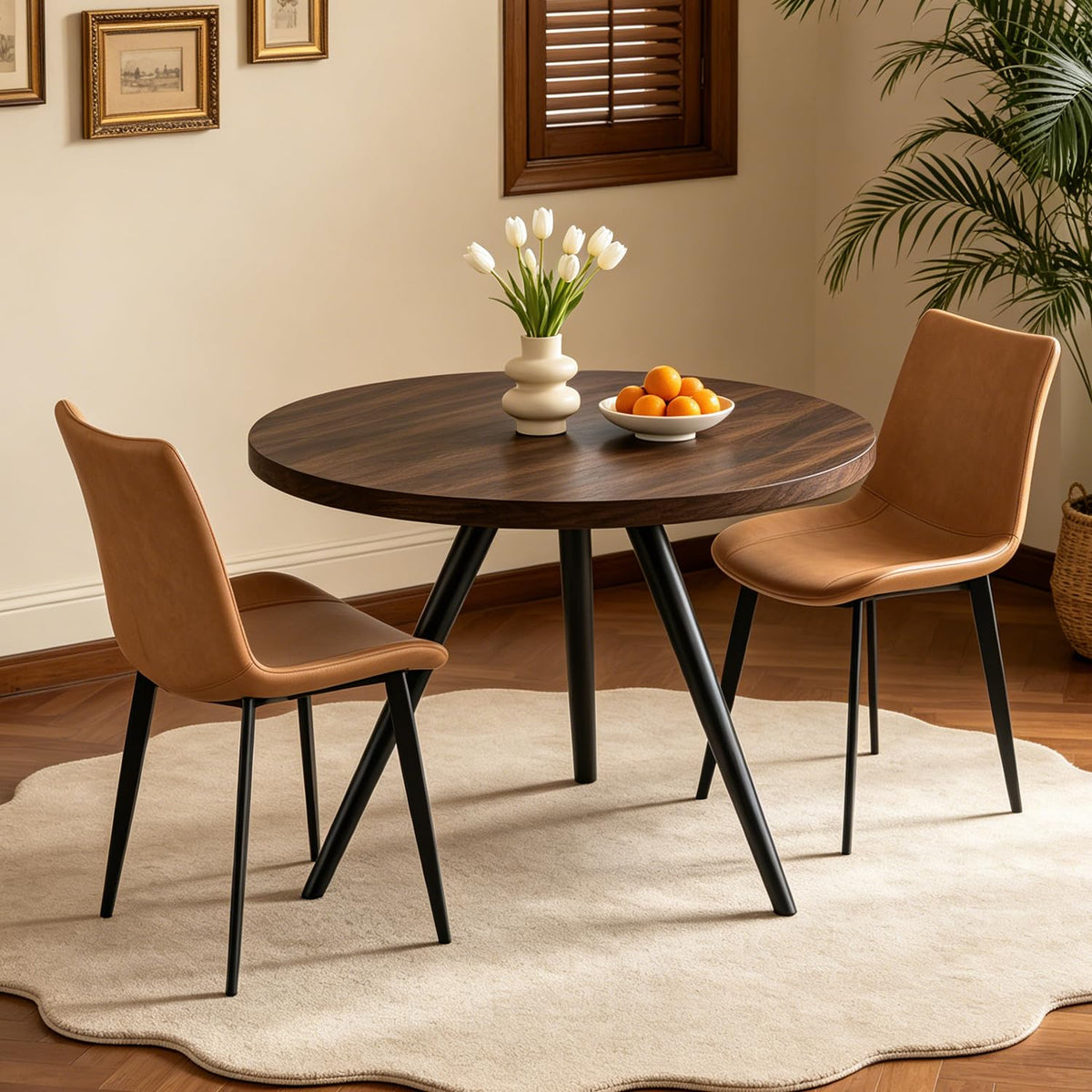 34.6" Round Dining Table Set for 4, Modern Kitchen Coffee Table Set, Walnut