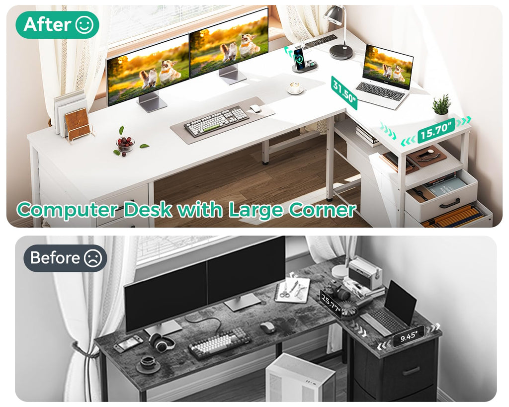Coleshome 55 Inch L Shaped Office Desk with 6 Drawers, Power Outlet, White