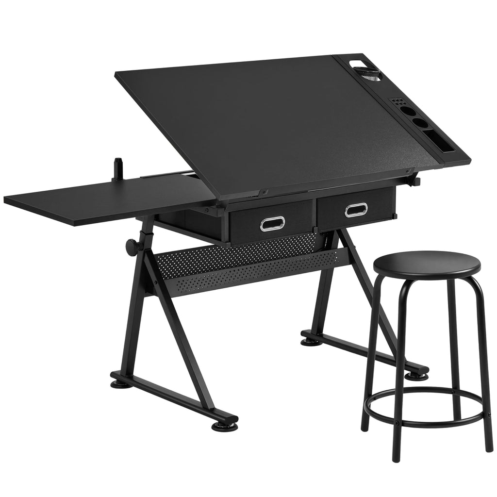 Yaheetech Adjustable Drafting Table Art Desk,Storage Drawers & Stool,White