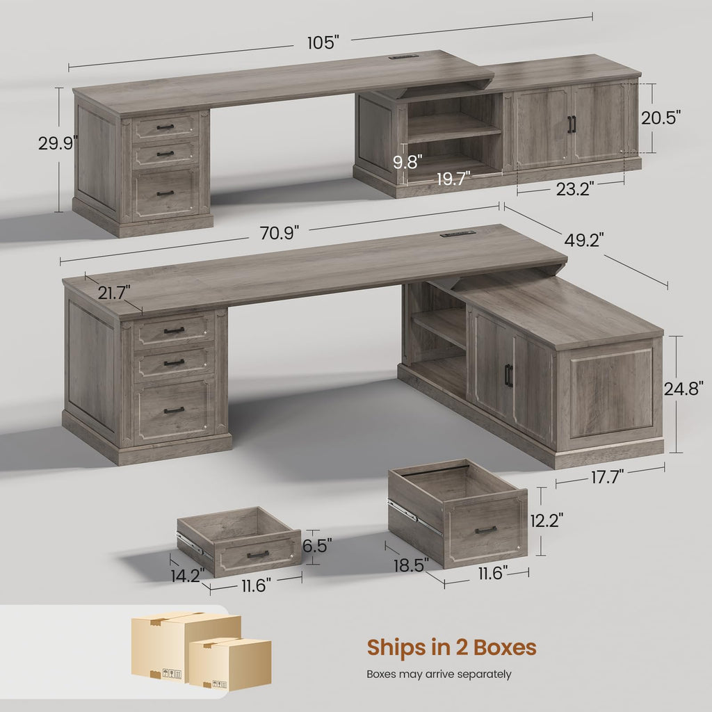 SEDETA Farmhouse 70.9" Executive Desk, Home Office Desk with File Drawers and Storage Cabinet, Computer Desk with Power Outlet for Home Office, Work Study Writing, Black+Brown