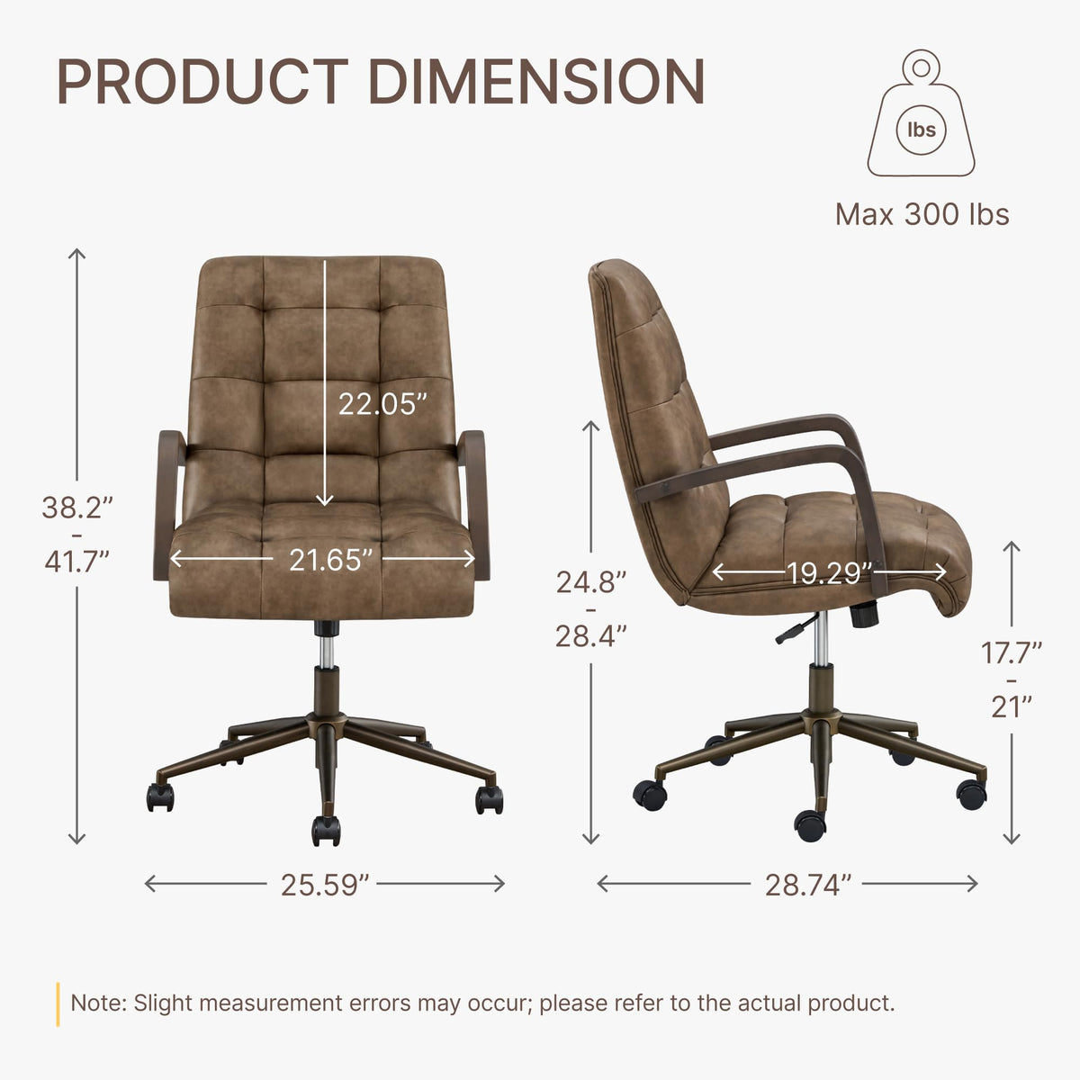 KISLOT Home Office Desk Chair, Ergonomic Office Chair with Lumbar Support, Adjustable Swivel Computer Chair with Wheels, Faux Leather Executive Task Chair with Wood Arms, Set of 2, Brown