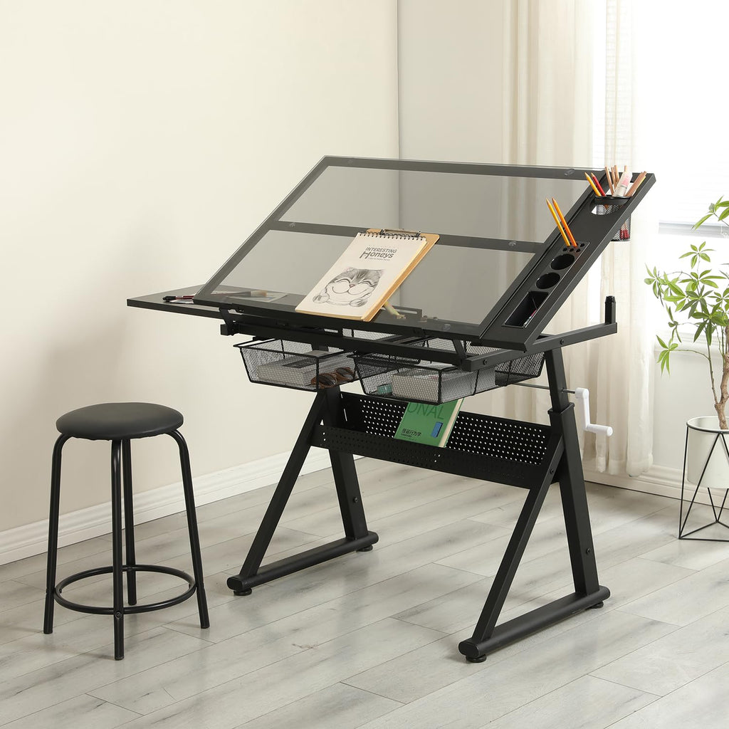 Height Adjustable Drafting Art Table for Adults, White Tempered Glass Drafting Drawing Printing Table Desk with Stool, 0-75Â° Tilting Tabletop Art Drawing Table for Drawing,Hand Crank