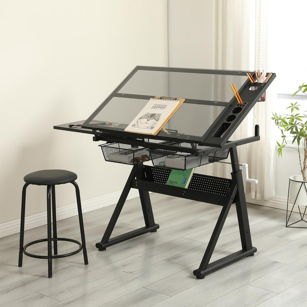 Height Adjustable Drafting Art Table for Adults, White Tempered Glass Drafting Drawing Printing Table Desk with Stool, 0-75Â° Tilting Tabletop Art Drawing Table for Drawing,Hand Crank