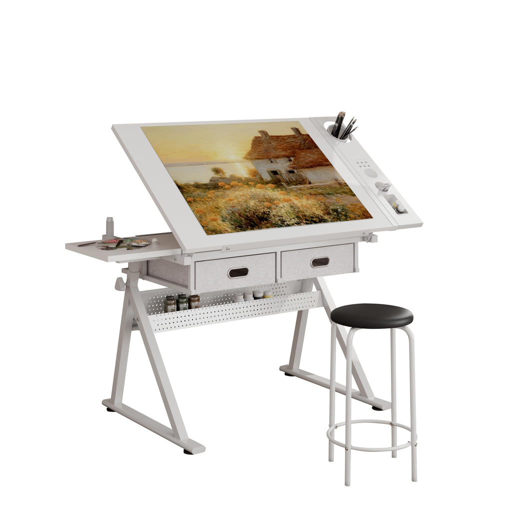 Height Adjustable Drafting Art Table for Adults, White Tempered Glass Drafting Drawing Printing Table Desk with Stool, 0-75Â° Tilting Tabletop Art Drawing Table for Drawing,Hand Crank