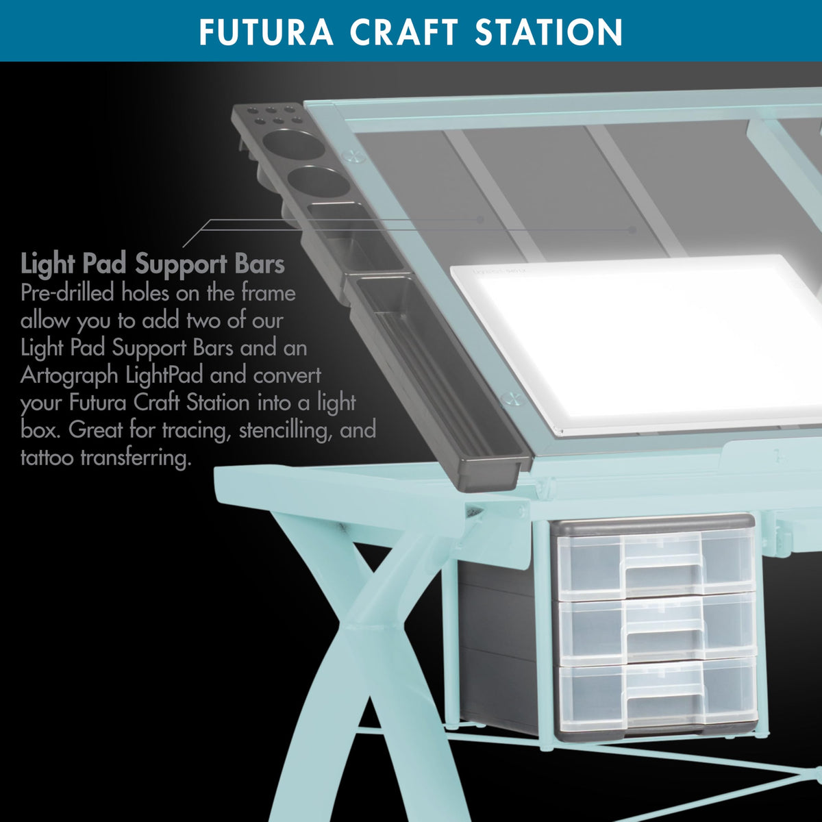 SD Studio Designs 10096 Futura Station with Folding Shelf Top Adjustable Drafting Craft Drawing Hobby Table Writing Studio Desk with Drawer, 35.5'' W x 23.75'' D, White/Clear Glass