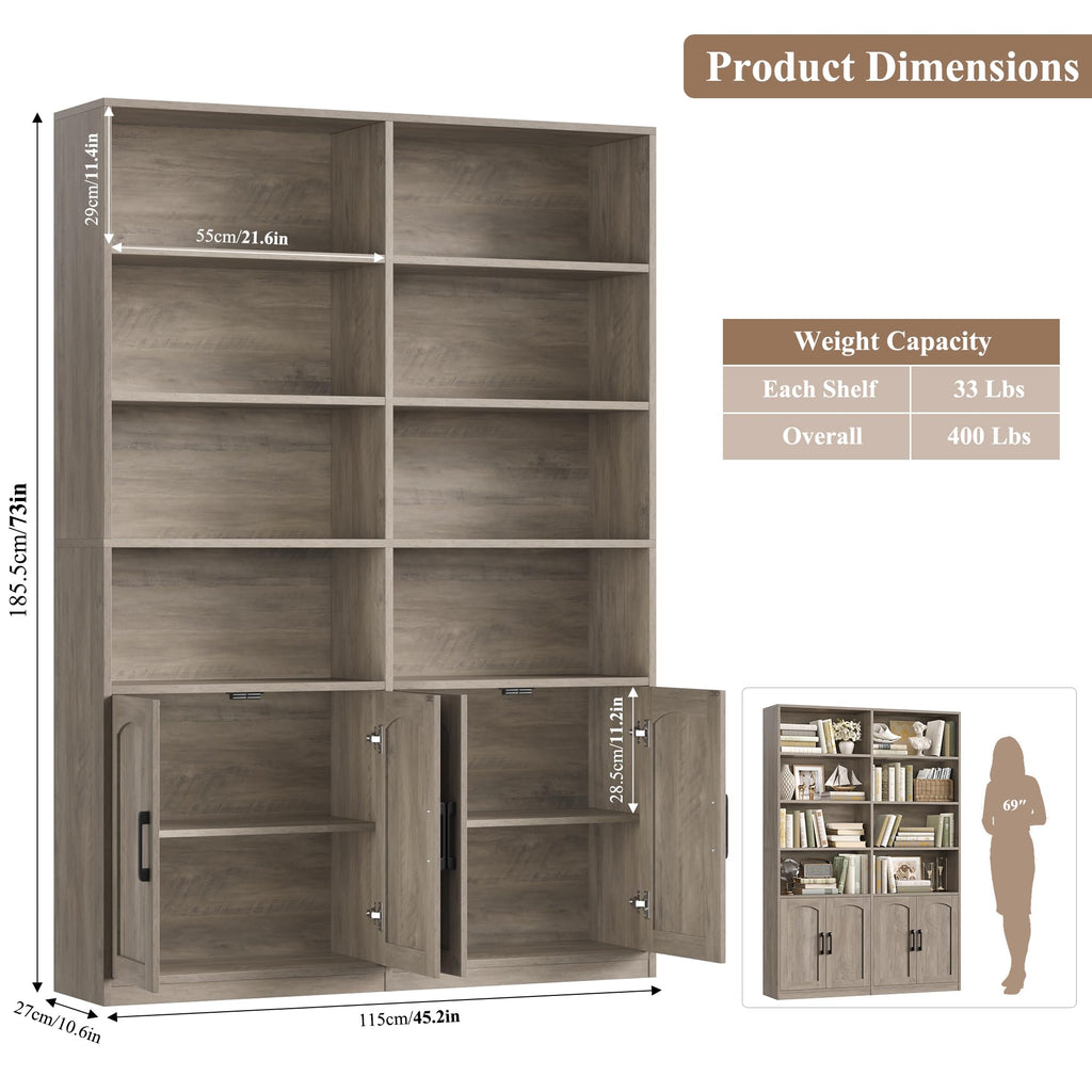FACBOTALL Bookshelf and Bookcase with Doors, Double Wide Large Bookshelves