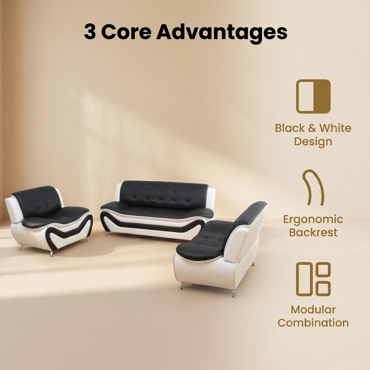 Modern Faux Leather Sofa Set â 3-Piece Living Room Couch with Chrome Legs & Padded Armrests â Includes 1-Seater, 2-Seater & 3-Seater â Contemporary Lounge Furniture for Home & Office (Brown)