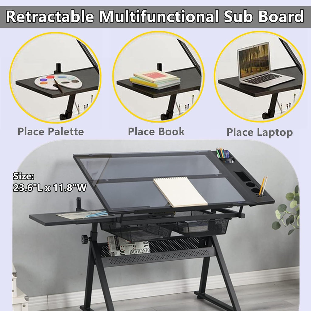 Drafting Table for Artists, Glass Drawing Table with Stool,T1-Black